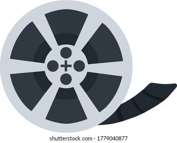 Black Reel with film. Flat cartoon illustration isolated on white. Retro bobbin. Movie shooting icon.
