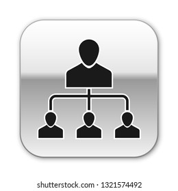 Black Referral marketing icon isolated on white background. Network marketing, business partnership, referral program strategy. Silver square button. Vector Illustration