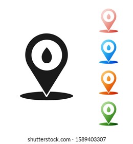 Black Refill petrol fuel location icon isolated on white background. Gas station and map pointer. Set icons colorful. Vector Illustration