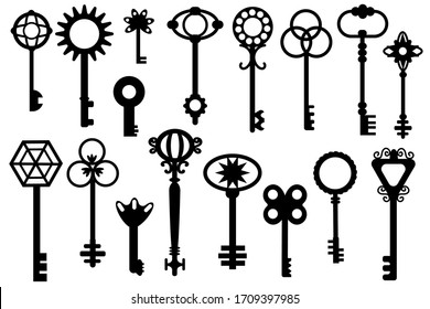 Black refined, elegant door keys of various shapes and sizes. Vector illustration. Stock Photo.