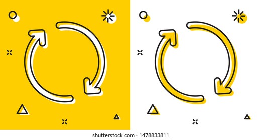 Black Refresh icon isolated on yellow and white background. Reload symbol. Rotation arrows in a circle sign. Random dynamic shapes. Vector Illustration