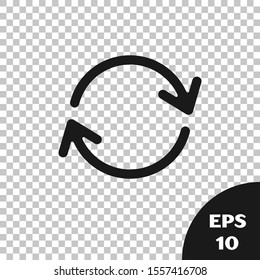Black Refresh icon isolated on transparent background. Reload symbol. Rotation arrows in a circle sign.  Vector Illustration
