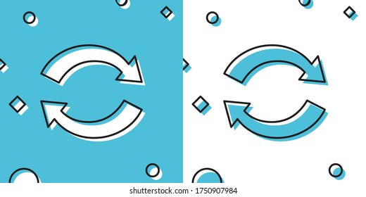 Icono de Refrescar negro aislado en fondo azul y blanco. Volver a cargar el símbolo. Las flechas de rotación en un símbolo de círculo. Formas dinámicas aleatorias. Ilustración vectorial