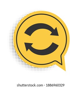Black Refresh icon isolated on white background. Reload symbol. Rotation arrows in a circle sign. Yellow speech bubble symbol. Vector.