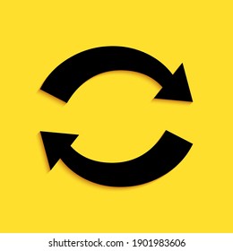 Black Refresh icon isolated on yellow background. Reload symbol. Rotation arrows in a circle sign. Long shadow style. Vector.
