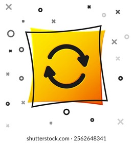 Black Refresh icon isolated on white background. Reload symbol. Rotation arrows in a circle sign. Yellow square button. Vector Illustration