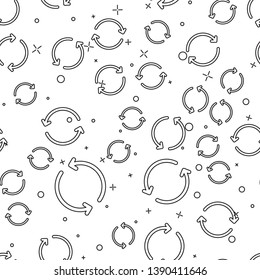 Black Refresh icon isolated seamless pattern on white background. Reload symbol. Rotation arrows in a circle sign. Vector Illustration