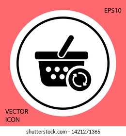 Black Refresh shopping basket icon isolated on red background. Online buying concept. Delivery service sign. Update supermarket basket symbol. White circle button. Vector Illustration