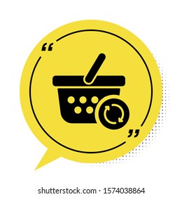 Black Refresh shopping basket icon isolated on white background. Online buying concept. Delivery service sign. Update supermarket basket. Yellow speech bubble symbol. Vector Illustration