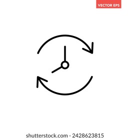 Icono de línea de tiempo de actualización negro, simple velocidad de reloj con flecha de diseño plano pictograma, vector infográfico para el logotipo de la aplicación botón web ui ux elementos de interfaz aislados sobre fondo blanco