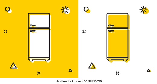 Black Refrigerator icon isolated on yellow and white background. Fridge freezer refrigerator. Household tech and appliances. Random dynamic shapes. Vector Illustration