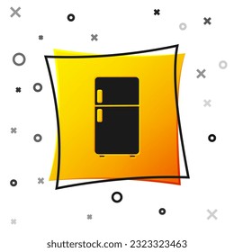 Black Refrigerator icon isolated on white background. Fridge freezer refrigerator. Household tech and appliances. Yellow square button. Vector