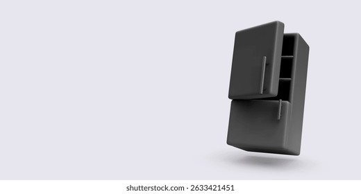 Black Refrigerator With Open Doors And Empty Shelves On Light Background, Minimalist 3D Style Depicting Kitchen Appliance For Food Storage, Cooling, And Modern Home Use. Vector Illustration.