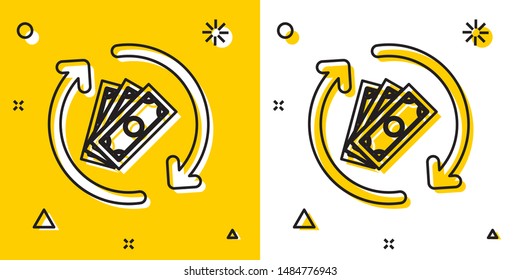 Black Refund money icon isolated on yellow and white background. Financial services, cash back concept, money refund, return on investment, savings account. Random dynamic shapes. Vector Illustration