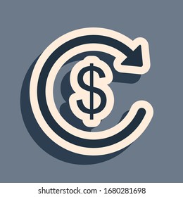 Black Refund money icon on grey background. Financial services, cash back concept, money refund, return on investment, savings account, currency exchange. Long shadow style. Vector Illustration