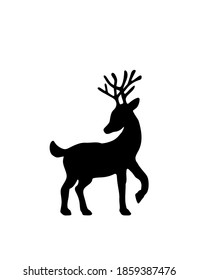 Black Reindeer Deer drawing silhouette.  Merry Christmas gift card . New Years. Snowflakes. Winter decoration.  Plotter cutting. Stencil. Laser cut. Sticker. Print for t shirt. Holidays icon decor.