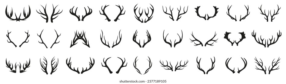 Black reindeer horn icons. Deer horn icons. Set of reindeer silhouette