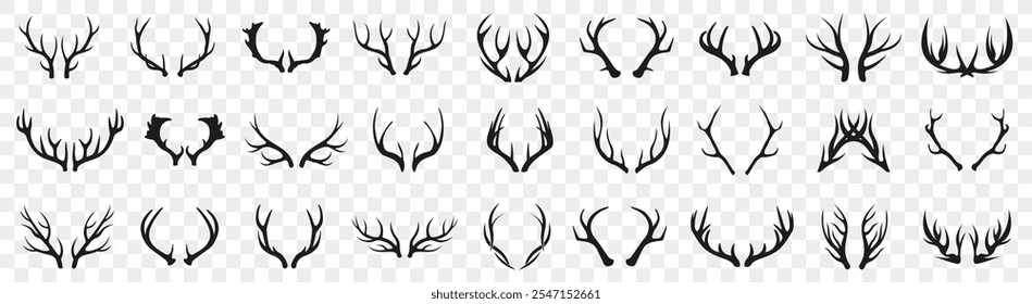 Black reindeer horn icons. Deer horn icons. Set of reindeer silhouette