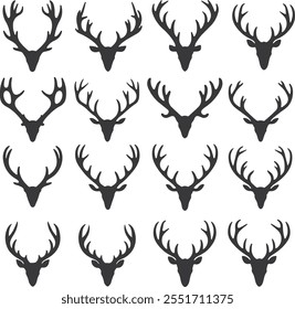 Black reindeer horn icons. Deer horn icons. Hand drawn silhouettes of hunting trophies  on a white background
