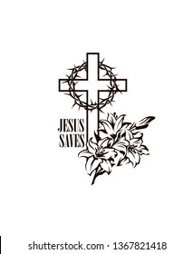 black religion cross with lily and thorn crown isolated on white background 