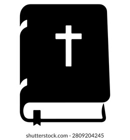 A black religious book featuring a cross on the cover and a ribbon bookmark, symbolizing faith and spirituality in Christianity.