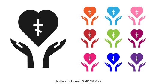 Black Religious cross in the heart inside icon isolated on white background. Love of God, Catholic and Christian symbol. People pray. Set icons colorful. Vector