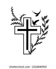 Black religious cross with a sprig and birds. Vector illustration