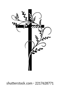 Black religious cross with a sprig. Vector illustration