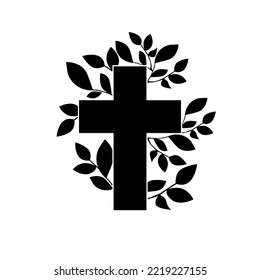 Black religious cross with a sprig. Vector illustration