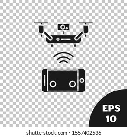 Black Remote aerial drone with a camera taking photography or video recording icon isolated on transparent background.  Vector Illustration
