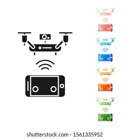 Black Remote aerial drone with a camera taking photography or video recording icon isolated on white background. Set icons colorful. Vector Illustration