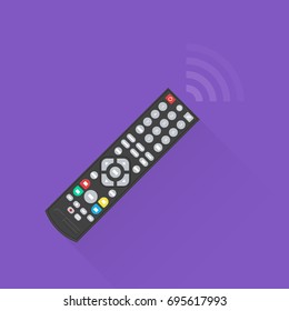The black remote control with a flat shadow.The electronic device on the isolated background.Flat design. Vector illustration.