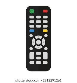 A black remote control with green, red, blue, and yellow buttons on a white background