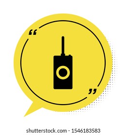 Black Remote control icon isolated on white background. Yellow speech bubble symbol. Vector Illustration