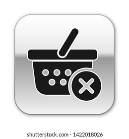 Black Remove shopping basket icon isolated on white background. Online buying concept. Delivery service sign. Supermarket basket and X mark. Silver square button. Vector Illustration