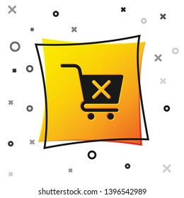 Black Remove shopping cart icon isolated on white background. Online buying concept. Delivery service sign. Supermarket basket and X mark symbol. Yellow square button. Vector Illustration