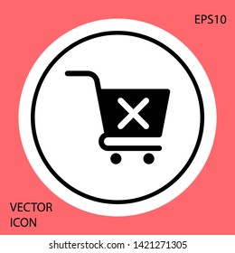 Black Remove shopping cart icon isolated on red background. Online buying concept. Delivery service sign. Supermarket basket and X mark symbol. White circle button. Vector Illustration