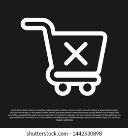 Black Remove shopping cart icon isolated on black background. Online buying concept. Delivery service sign. Supermarket basket and X mark symbol. Vector Illustration
