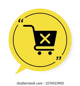 Black Remove shopping cart icon isolated on white background. Online buying concept. Delivery service sign. Supermarket basket and X mark. Yellow speech bubble symbol. Vector Illustration