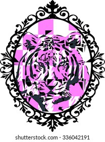 black renaissance frame with tiger face illustration together vector print pattern. for fashion and graphic design. t shirt print, poster, special day gift print offer. animal and wildlife print.