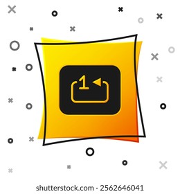 Black Repeat track music player icon isolated on white background. The sign is a round curved arrow and the number one. Yellow square button. Vector