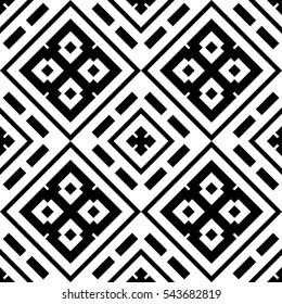 Black repeated geometric figures on white background. Seamless surface pattern design with symmetrical rhombuses, rectangles and crosses ornament. Polygons wallpaper. Geometrical motif. Digital paper.