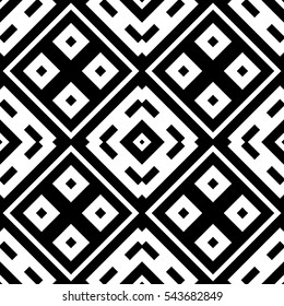 Black repeated geometric figures on white background. Seamless surface pattern design with symmetrical rhombuses ornament. Polygons wallpaper. Geometrical motif. Digital paper for web design. Vector