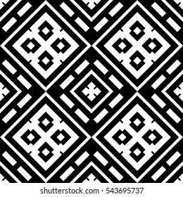 Black repeated geometric figures on white background. Seamless surface pattern design with symmetrical rhombuses, rectangles and crosses ornament. Polygons wallpaper. Geometrical motif. Digital paper.