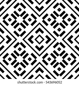 Black repeated geometric figures on white background. Seamless surface pattern design with symmetrical rhombuses, rectangles and brackets ornament. Polygons wallpaper. Geometrical motif. Digital paper