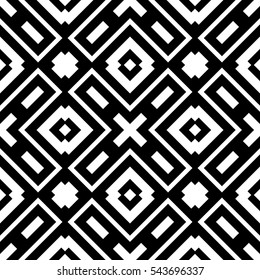 Black repeated geometric figures on white background. Seamless surface pattern design with symmetrical rhombuses, rectangles and crosses ornament. Polygons wallpaper. Geometrical motif. Digital paper.