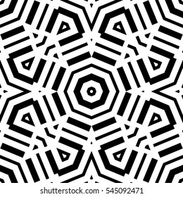 Black repeated geometric figures on white background. Seamless surface pattern design with symmetrical octagons and rectangles ornament. Polygons wallpaper. Geometrical motif. Digital paper. Vector