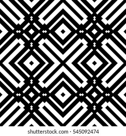 Black repeated geometric figures on white background. Seamless surface pattern design with symmetrical rhombuses and crosses ornament. Polygons wallpaper. Geometrical motif. Digital paper. Vector art