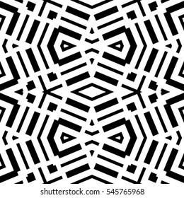 Black repeated geometric figures on white background. Seamless surface pattern design with triangles, rectangles and brackets ornament. Polygons wallpaper. Geometrical motif. Digital paper. Vector art