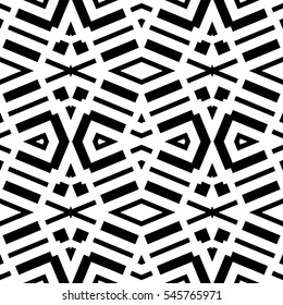 Black repeated geometric figures on white background. Seamless surface pattern design with rhombuses,triangles and rectangles ornament. Polygons wallpaper. Geometrical motif. Digital paper. Vector